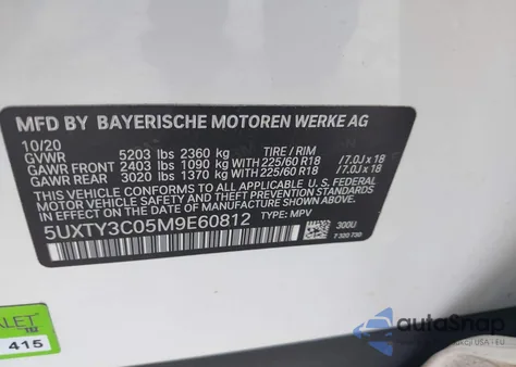 2021 BMW X3 Sdrive30I z USA, uszkodzony, nr VIN 5UXTY3C05M9E60812